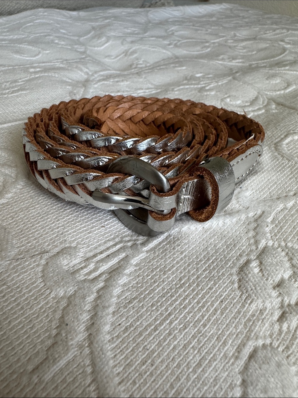 Braided Leather Waist Belt in Brown and Silver